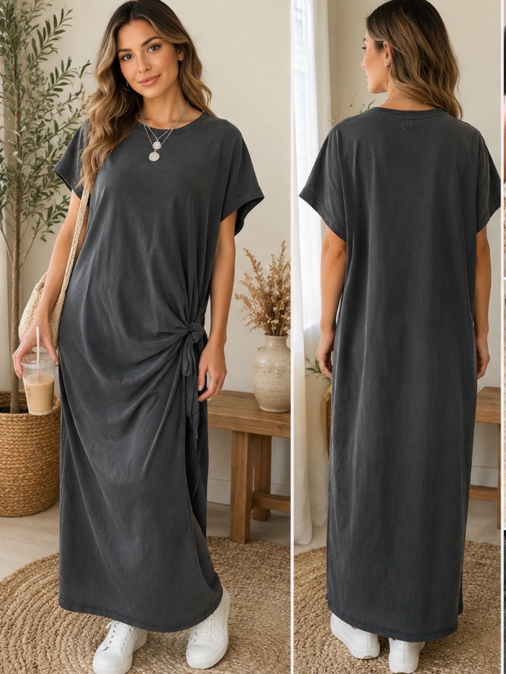 Washed Charcoal Maxi Knot-Side Dress - Unbranded